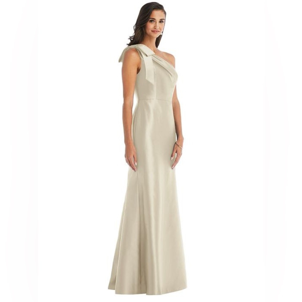Alfred Sung Bow-Trim One-Shoulder Satin Gown Champagne Color